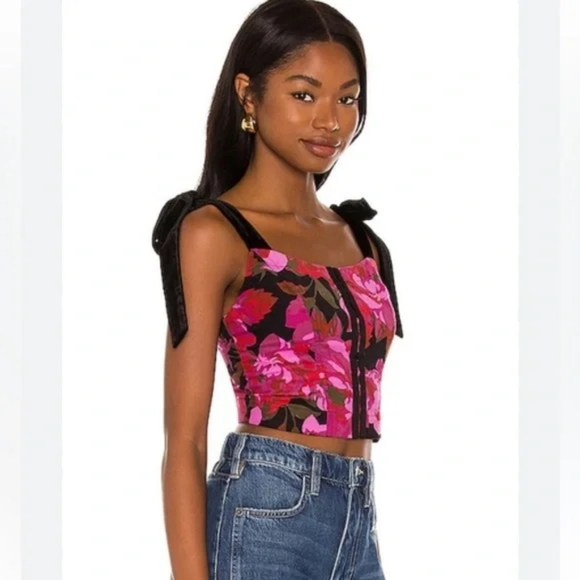 Free People Floral Pink and Black Cropped Corset Top - Picture 2 of 5